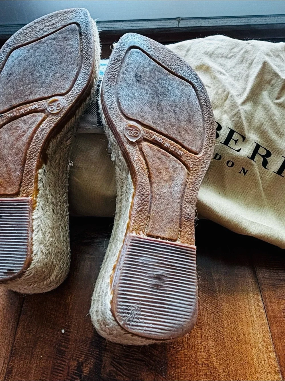 Burberry Beige Nova Check Espadrille Slide with Black/Red Accents with Dust Bag